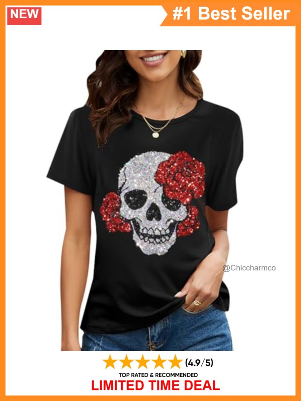 Women's Short Sleeve Skull Graphic T-Shirt Sequined Crew Neck Relaxed Fit